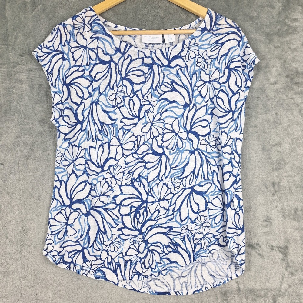 Martha Stewart Top XL White Linen Beach Coastal Preppy Floral Casual Lightweight